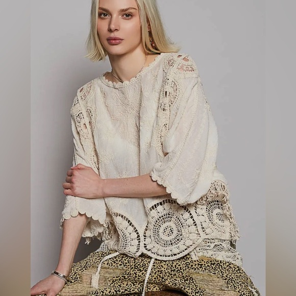 POL One Size Cotton Natural Crochet Embroidered Blouse Boho Beacg - Picture 2 of 4